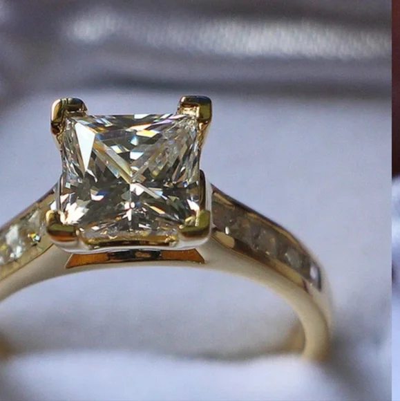 2Ct Princess Cut Diamond Ring Solid 925 Sterling Silver Ring Golden Color Luxury